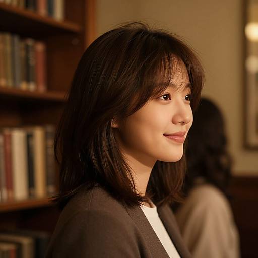 Photograph of a smiling Asian woman with medium-length, dark brown hair, wearing a brown top, in a warmly lit library with bookshelves in