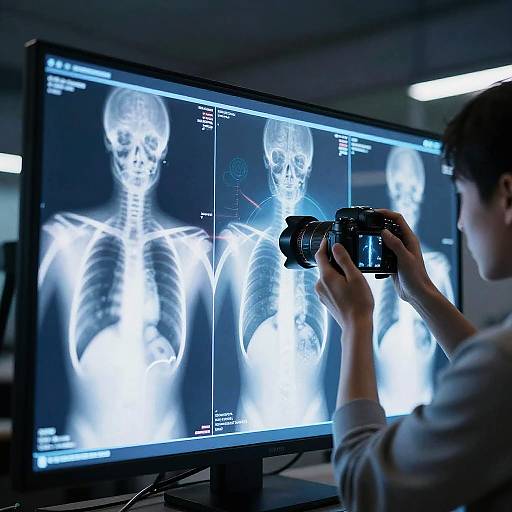 Photograph of a person with short dark hair, wearing a light sweater, photographing a computer screen displaying three glowing X-ray skeletons.