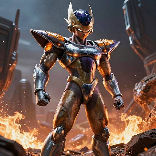 CGI image of a muscular, silver and gold armored superhero with a horned helmet, standing confidently amidst a fiery, ruined battlefield.