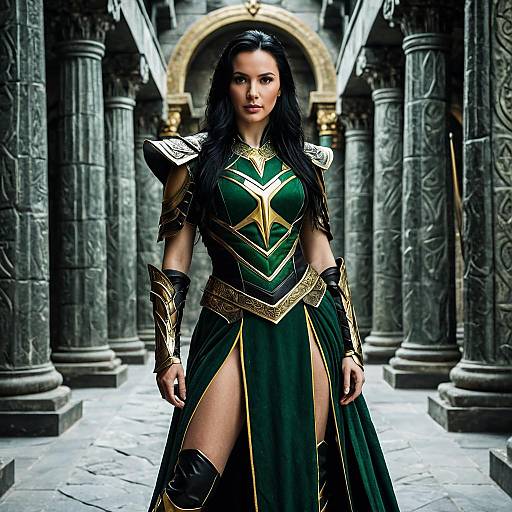 Woman in Green and Gold Warrior Costume