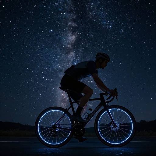 Silhouetted cyclist with glowing blue wheels against a starry night sky, Milky Way visible. Photograph captures serene, nighttime cycling.