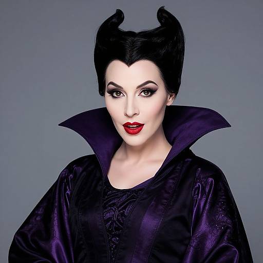 Digital portrait of a pale-skinned woman with black hair in horned updo, bold red lipstick, black high-collared dress, against a