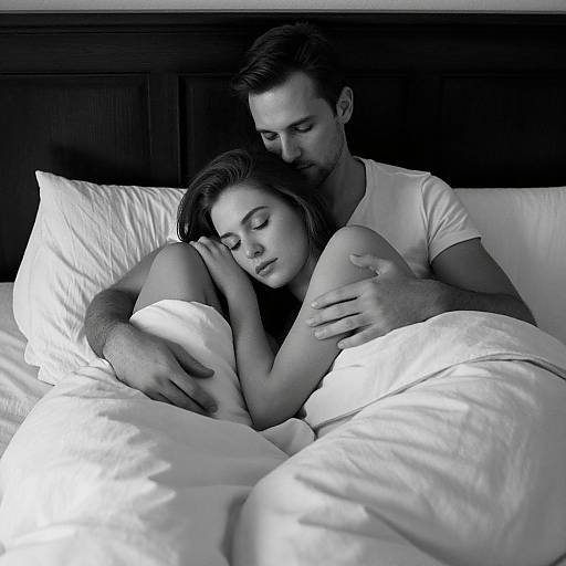 Black-and-white photograph of a sleeping couple in bed, man with short hair embracing woman with shoulder-length hair, both under white sheets.