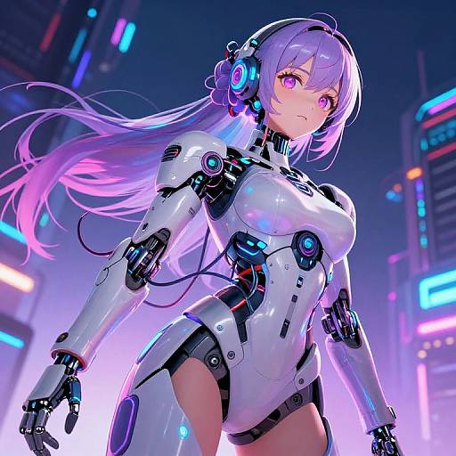 Digital anime-style artwork of a purple-haired, glowing-eyed, cybernetic woman in a white, futuristic bodysuit, wearing headphones, standing in