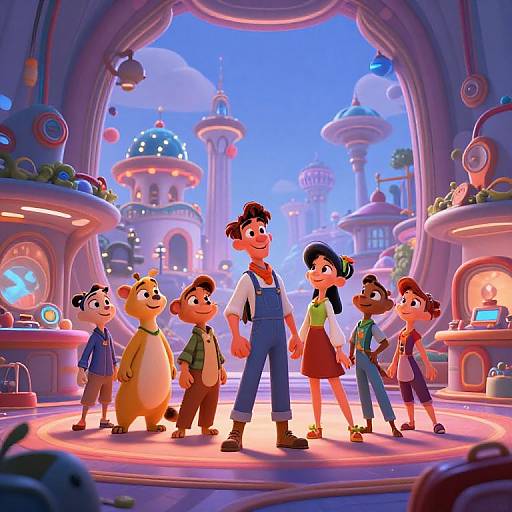 CGI cartoon image of a family in a whimsical, brightly-lit, futuristic city with dome-shaped buildings and colorful, glowing details.