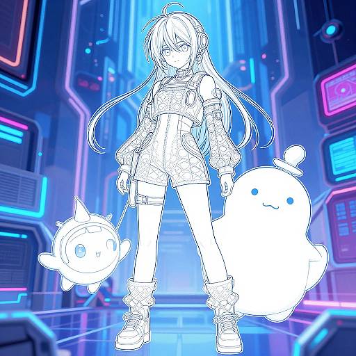 Cyberpunk anime girl with long hair, wearing a crop top, shorts, and boots, holds a cute plush toy and a spiked ball. Neon