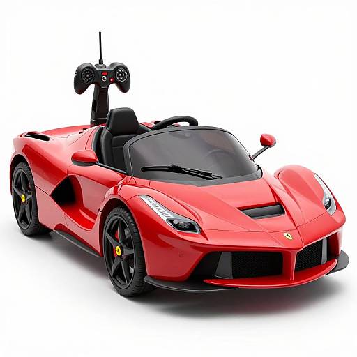 Photograph of a vivid red, sleek, convertible Ferrari 458 Spider with black racing seats and wheels, featuring a large rear spoiler, against a white