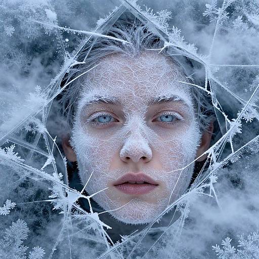 Photograph of a pale-skinned woman with blue eyes, framed by intricate ice crystals and snowflakes, looking intently forward. Her face is