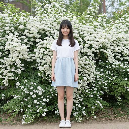 Young Asian woman with long black hair, wearing white dress and shoes, standing in front of dense white flowering bushes. Photograph.