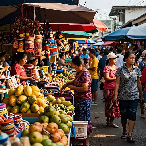 Vibrant photograph of a busy outdoor market, showcasing colorful hanging ornaments, fresh fruits, and diverse shoppers under colorful umbrellas.