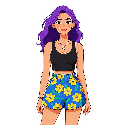Digital illustration of a smiling woman with purple hair, wearing a black tank top and blue floral shorts, against a white background.