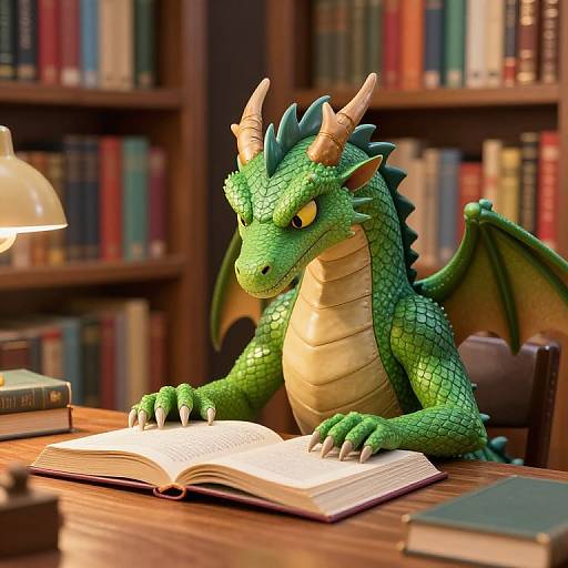 Photorealistic CGI of a green dragon with yellow underbelly, horns, and wings, reading an open book in a warm, wooden library.