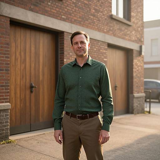 Photograph of a serious, attractive, middle-aged man with short brown hair, wearing a green patterned shirt and brown pants, standing in front of
