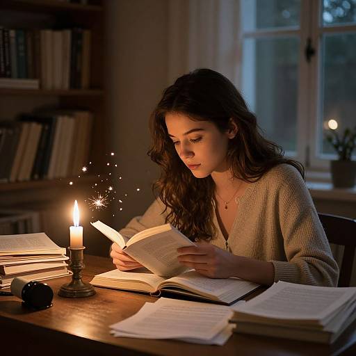 Photograph: Young woman with wavy brown hair, wearing a gray sweater, reading a book by candlelight in a dimly lit library. Spark