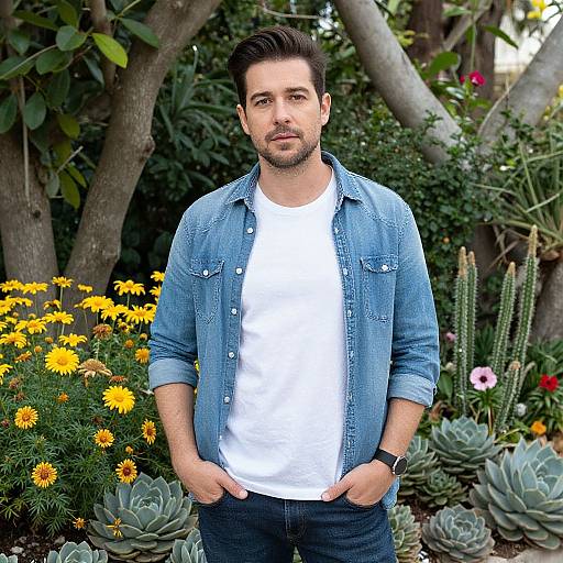 Photograph of a bearded man with dark hair, wearing a blue denim shirt over a white t-shirt, standing in a lush garden with yellow flowers