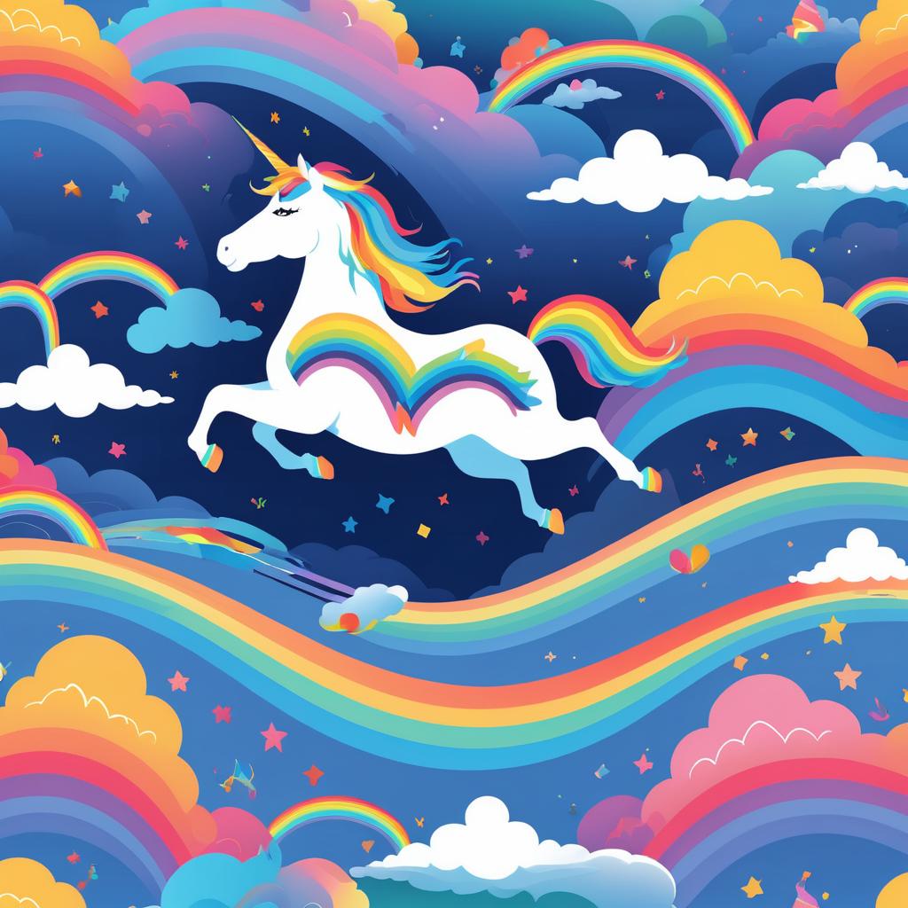 Whimsical Rainbow Unicorn Among Gloomy Clouds