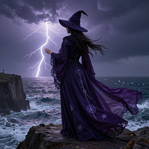 Photograph-style digital art of a witch in a flowing black robe and pointed hat, standing on a rocky cliff, conjuring lightning over a stormy