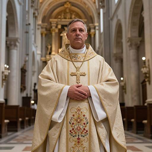 Photograph of a middle-aged Catholic priest in ornate cream and gold vestments, standing in a grand, lit church aisle.