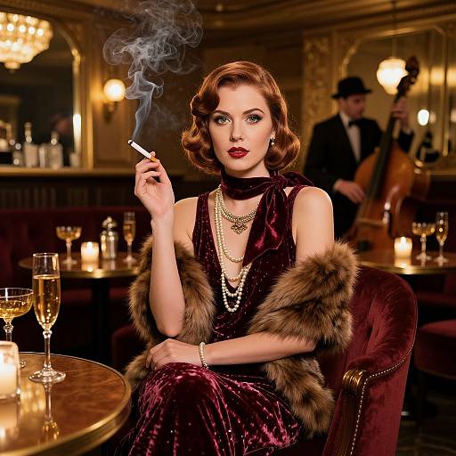Glamorous woman with red hair and blue eyes, smoking a cigarette, in a velvet dress with fur stole, seated in a luxurious, dimly