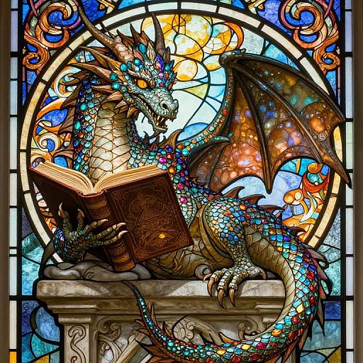 Vibrant stained glass artwork of a dragon with shimmering scales, reading an open book on a stone pedestal, surrounded by colorful celestial designs.