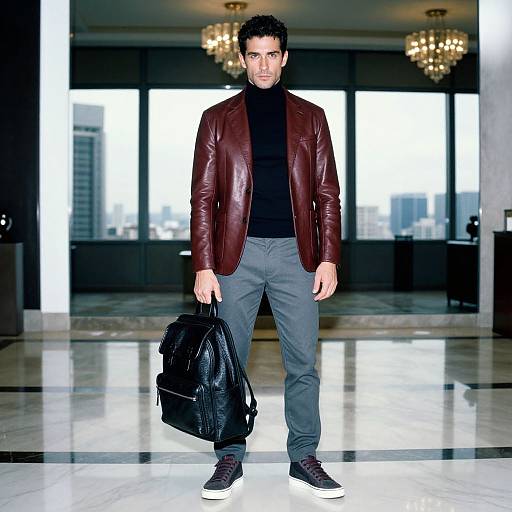 Photograph of a handsome man with short black hair, wearing a burgundy leather jacket, black turtleneck, gray pants, and black sneakers,