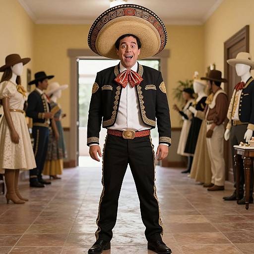 Photograph of a smiling man in a traditional Mexican charro suit with a large sombrero, standing in a yellow-walled room with mannequ