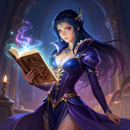 Digital artwork of a beautiful, blue-haired sorceress with glowing purple eyes, wearing a dark, ornate dress, holding a magical book with blue