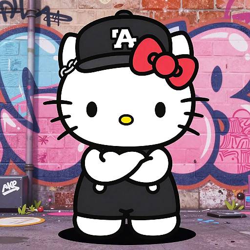 Digital cartoon of Hello Kitty in a black cap with an 