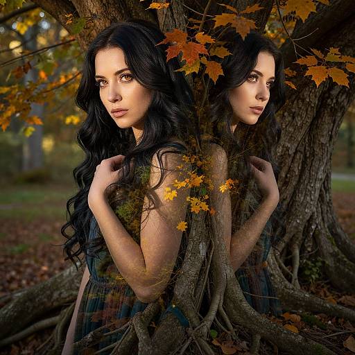 Photograph of a woman with long black wavy hair, reflected in a tree, wearing a dark dress, surrounded by autumn leaves.