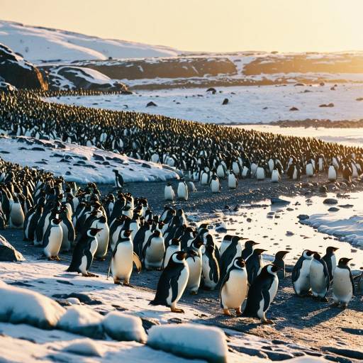 Penguin Colony on Icy Shore at Sunrise