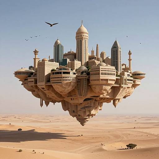 Digital artwork of a futuristic, floating city with towering, beige buildings, domes, and spires, hovering above a desert landscape with a clear blue