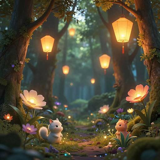 Whimsical Forest with Floating Lanterns