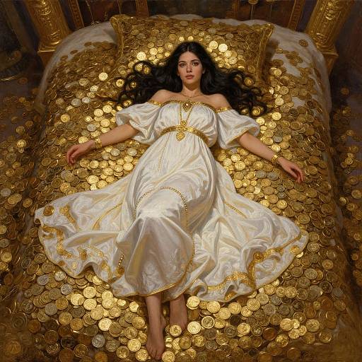Digital artwork of a dark-haired woman in a white, gold-embellished off-shoulder dress, lying on a bed of golden coins,