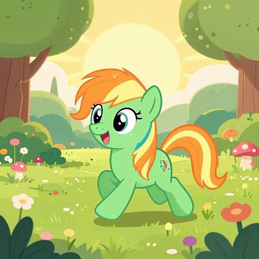 Bright green cartoon pony with rainbow mane and tail, large eyes, smiling, running in colorful, sunny meadow with trees and flowers.