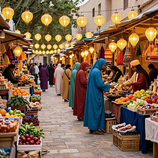 Photograph of a vibrant outdoor market with string lights, colorful produce, and women in traditional robes shopping along a cobblestone path.