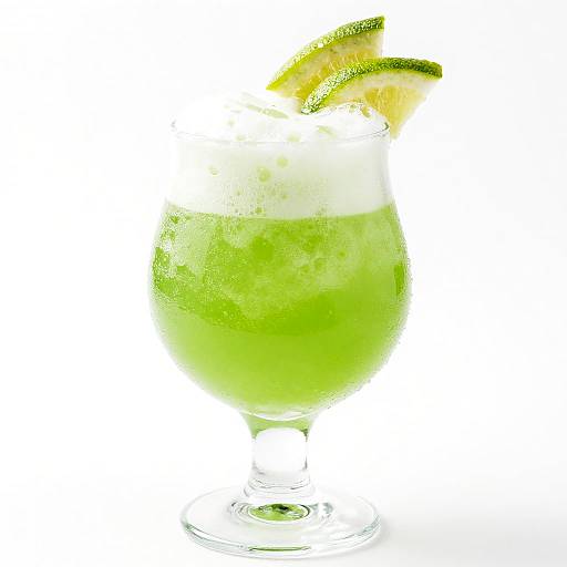 Photograph of a green cocktail with ice, a lime wedge, and white froth, in a clear glass against a white background.