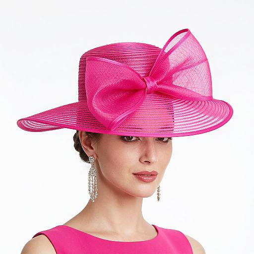 Photograph of a woman with fair skin wearing a vibrant pink, wide-brimmed hat adorned with a large bow, matching pink dress, and dangling