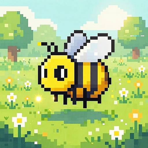 Pixel art of a yellow bee with black stripes and white wings in a vibrant, sunny meadow with green grass and white flowers.