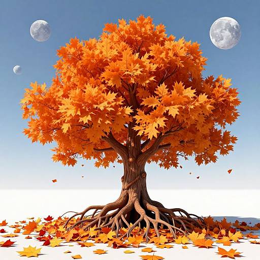 Digital illustration of a vibrant orange autumn tree with sprawling roots, surrounded by fallen leaves, under a clear blue sky with three full moons.