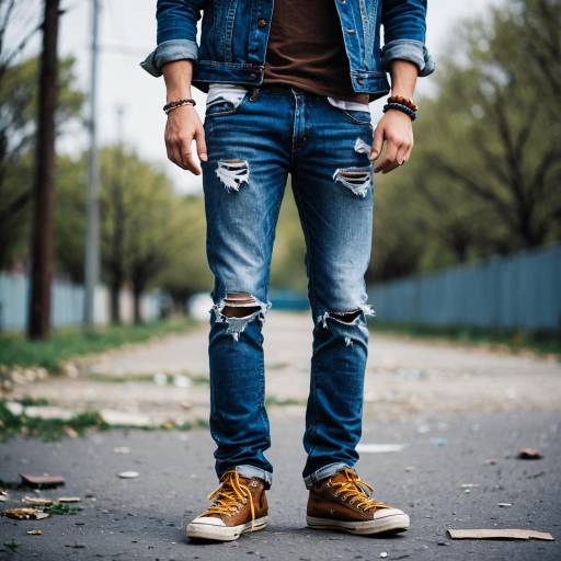 Man wearing torn blue denim jeans and jacket