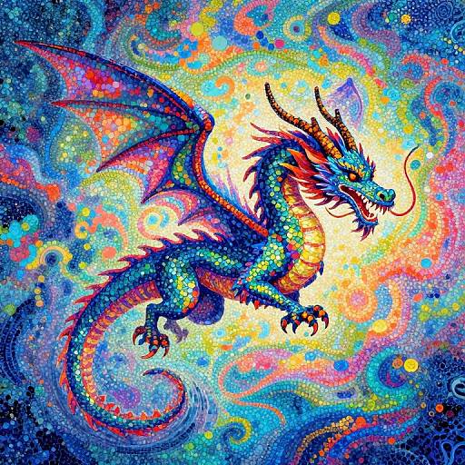 Vibrant digital painting of a colorful, roaring dragon with blue, red, and yellow scales, set against a swirling, multicolored abstract background