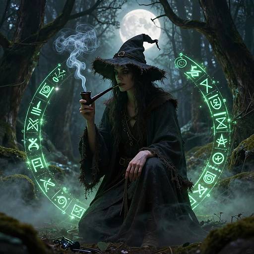 Mystical forest scene: witch in dark robes and hat, smoking pipe, surrounded by glowing runes, under full moon, misty atmosphere.