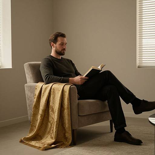 Photograph of a bearded man with dark hair, wearing a black long-sleeve shirt and pants, reading a book in a gray armchair
