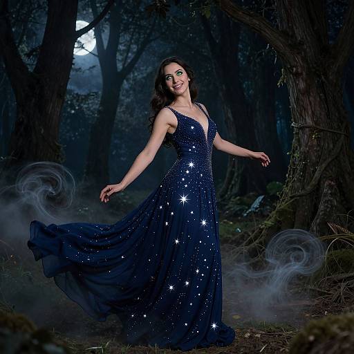 Photograph of a smiling woman in a sparkling, navy blue, V-neck gown with star patterns, dancing in a dark, misty forest.