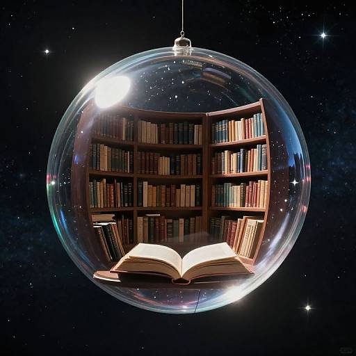 A transparent spherical bubble in space contains a wooden bookshelf filled with colorful books, and an open book at the bottom.