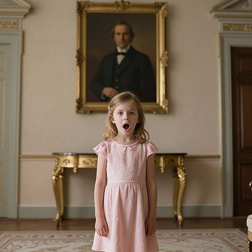 Photograph of a young girl with light brown hair in a pink dress, mouth open in surprise, standing in a formal room with a framed portrait of
