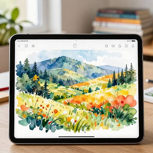 Digital Watercolor Landscape on Tablet