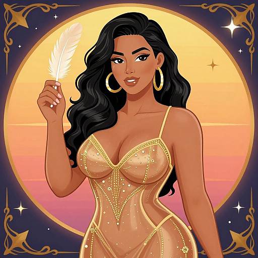 Digital illustration of a voluptuous, dark-skinned woman with long black hair, wearing a shimmering gold lingerie dress, holding a white feather, against