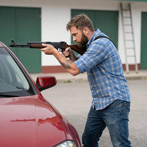 Man Aiming Rifle at Car Outdoors