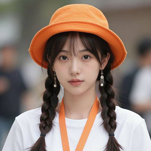 Photograph of an East Asian woman with fair skin, black hair in braids, wearing an orange hat and white shirt, with orange straps and dangling